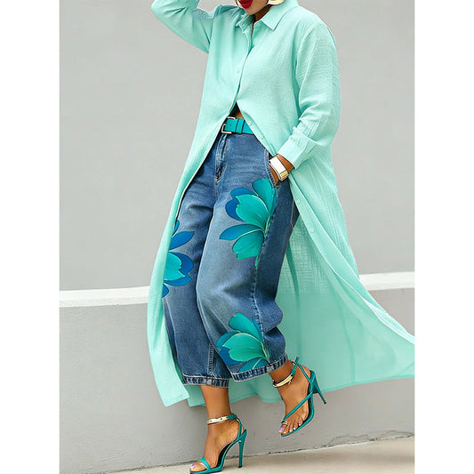 Damen-Maxikleid mit langen Ärmeln und Knopfleiste