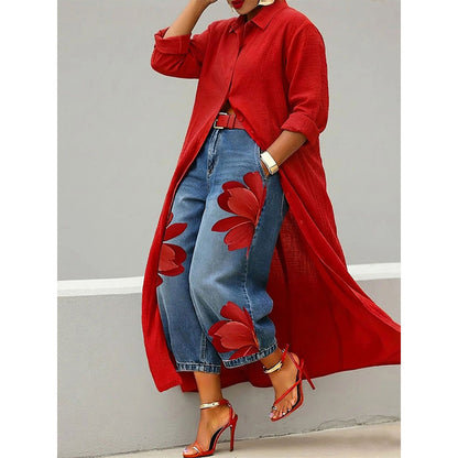 Damen-Maxikleid mit langen Ärmeln und Knopfleiste