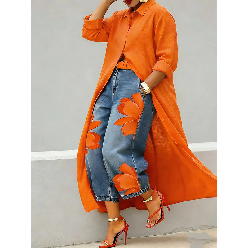 Damen-Maxikleid mit langen Ärmeln und Knopfleiste