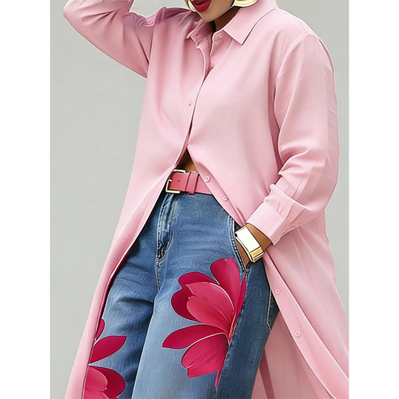 Damen-Maxikleid mit langen Ärmeln und Knopfleiste