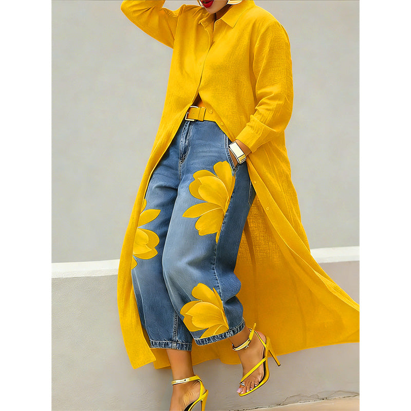Damen-Maxikleid mit langen Ärmeln und Knopfleiste