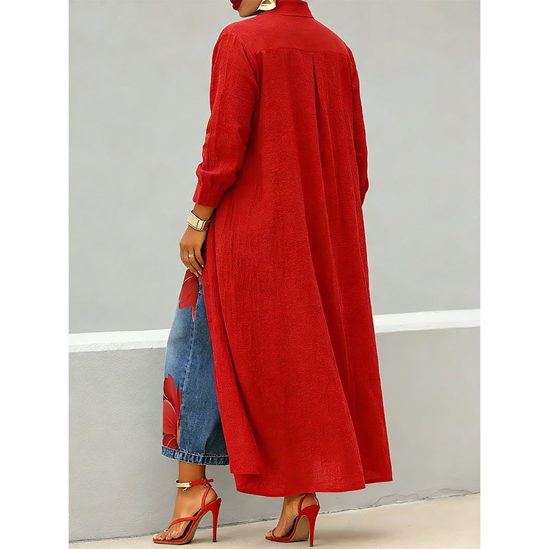 Damen-Maxikleid mit langen Ärmeln und Knopfleiste