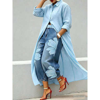 Damen-Maxikleid mit langen Ärmeln und Knopfleiste