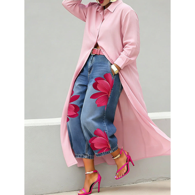 Damen-Maxikleid mit langen Ärmeln und Knopfleiste