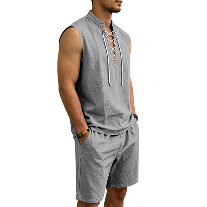Ärmelloses Leinen-Top mit Schnürung und Shorts für Herren (Set)