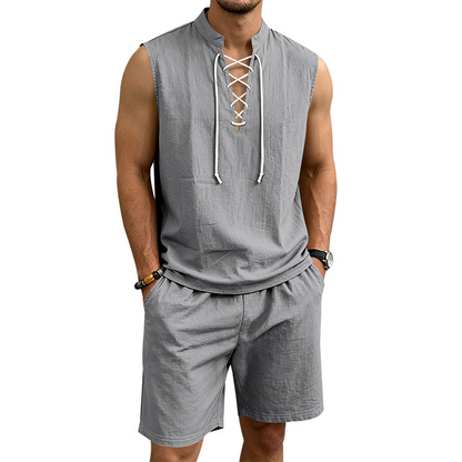 Ärmelloses Leinen-Top mit Schnürung und Shorts für Herren (Set)