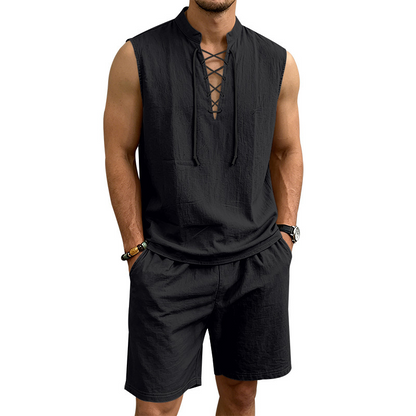 Ärmelloses Leinen-Top mit Schnürung und Shorts für Herren (Set)