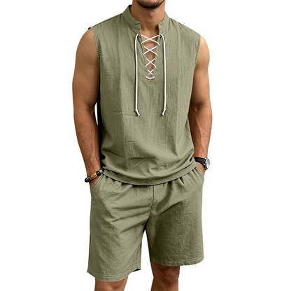 Ärmelloses Leinen-Top mit Schnürung und Shorts für Herren (Set)