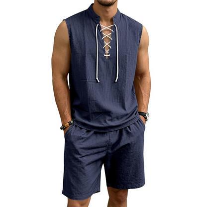 Ärmelloses Leinen-Top mit Schnürung und Shorts für Herren (Set)