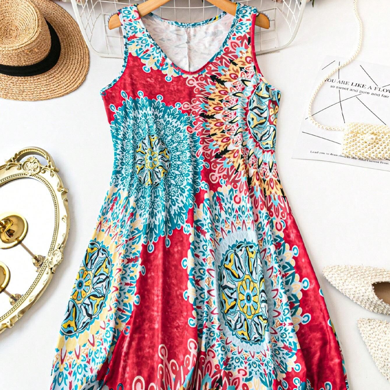 Lockeres, ärmelloses Sommerkleid im A-Linien-Schnitt mit Print