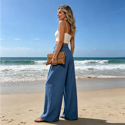 Damen-Hose mit hohem Bund, Bindeband vorne und weitem Bein