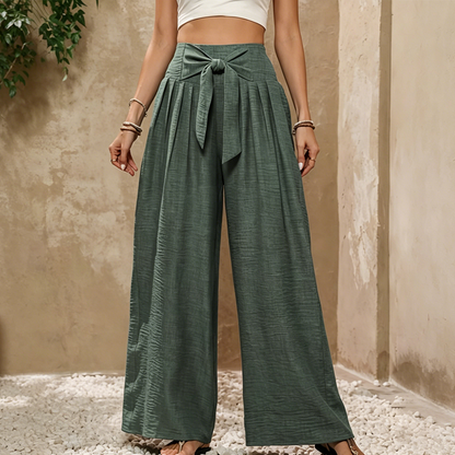 Damen-Hose mit hohem Bund, Bindeband vorne und weitem Bein