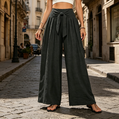 Damen-Hose mit hohem Bund, Bindeband vorne und weitem Bein