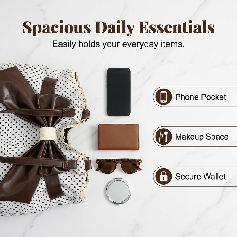 Damen elegante Schultertasche mit Polka-Dots, Spitze und Schleife