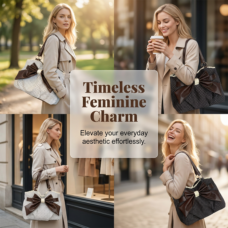Damen elegante Schultertasche mit Polka-Dots, Spitze und Schleife