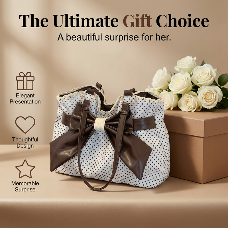 Damen elegante Schultertasche mit Polka-Dots, Spitze und Schleife