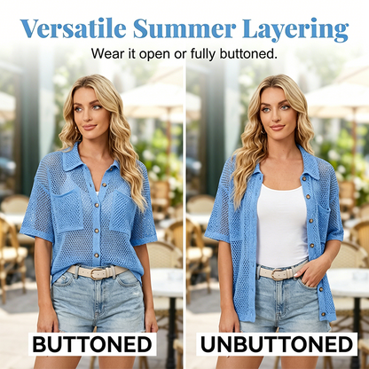 🔥50 % Rabatt! 🧶 Damen Kurzarm-Strickbluse mit Knöpfen – Gratis Halskette als Geschenk!