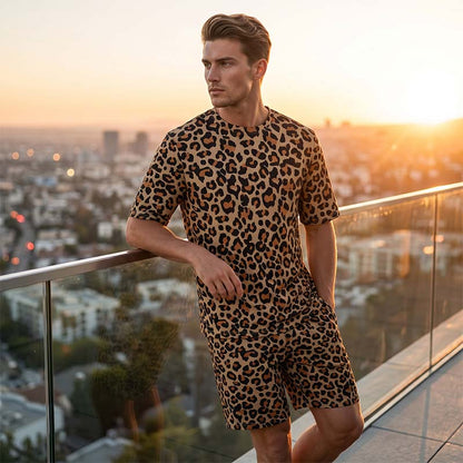 🐆 Nur für kurze Zeit 50 % Rabatt! ✨ Herren-Set mit Leopardenmuster – Kurzarmshirt & Shorts, 3D-Druck 🧊