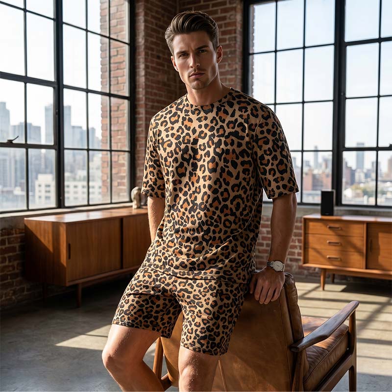 🐆 Nur für kurze Zeit 50 % Rabatt! ✨ Herren-Set mit Leopardenmuster – Kurzarmshirt & Shorts, 3D-Druck 🧊