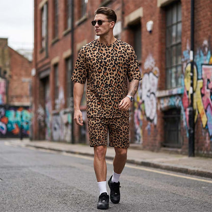 🐆 Nur für kurze Zeit 50 % Rabatt! ✨ Herren-Set mit Leopardenmuster – Kurzarmshirt & Shorts, 3D-Druck 🧊