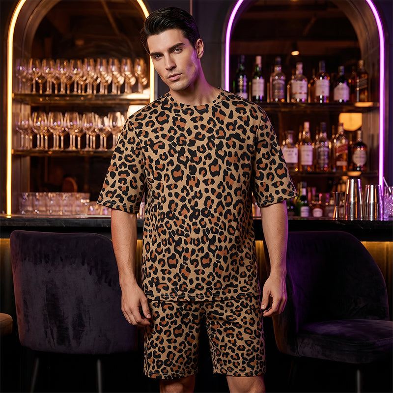 🐆 Nur für kurze Zeit 50 % Rabatt! ✨ Herren-Set mit Leopardenmuster – Kurzarmshirt & Shorts, 3D-Druck 🧊