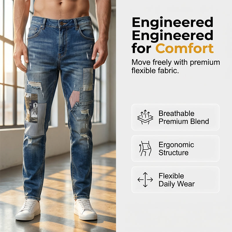 👖 🔥 Herren Patchwork Destroyed Jeans – Robust, lässig & mit individuellem Used-Look ✨