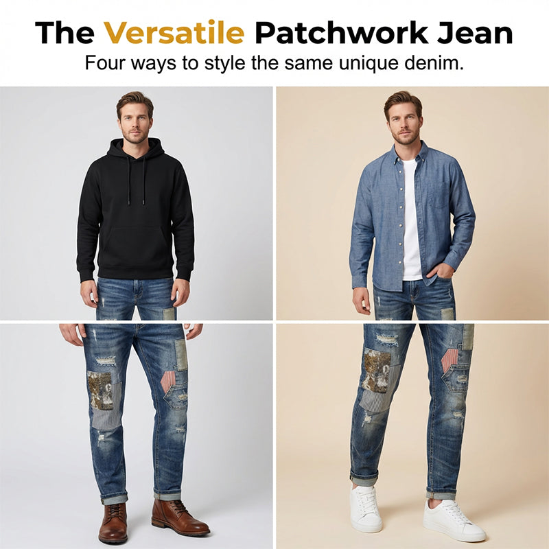👖 🔥 Herren Patchwork Destroyed Jeans – Robust, lässig & mit individuellem Used-Look ✨