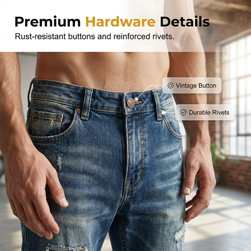 👖 🔥 Herren Patchwork Destroyed Jeans – Robust, lässig & mit individuellem Used-Look ✨