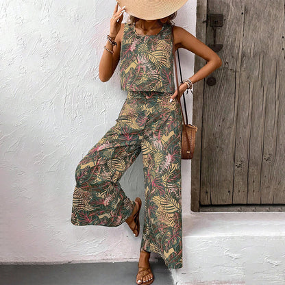 Damen-Set aus bedrucktem, ärmellosem Top und weit geschnittener Hose