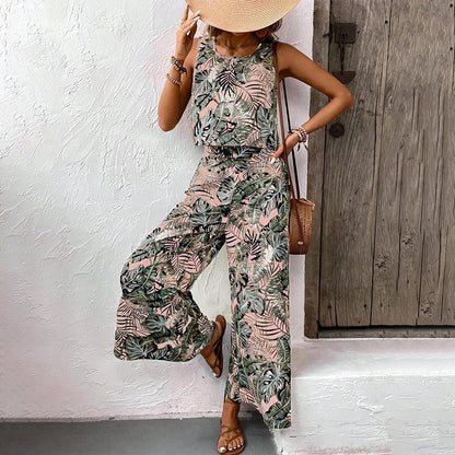 Damen-Set aus bedrucktem, ärmellosem Top und weit geschnittener Hose