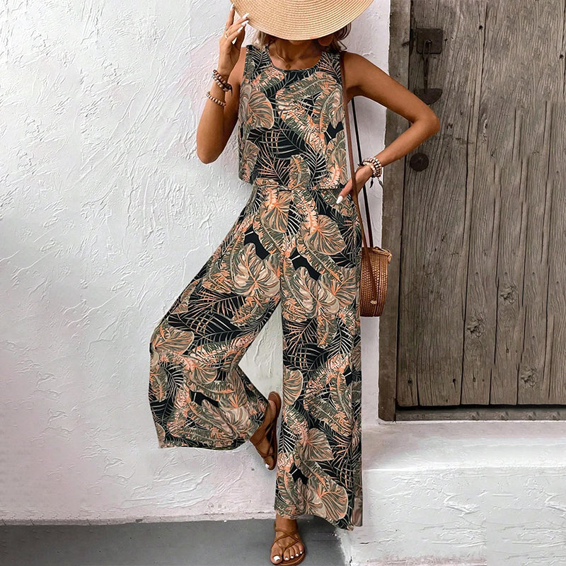 Damen-Set aus bedrucktem, ärmellosem Top und weit geschnittener Hose