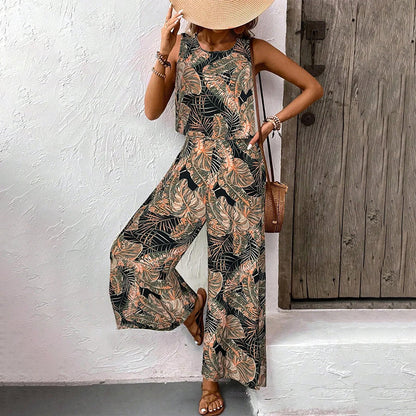 Damen-Set aus bedrucktem, ärmellosem Top und weit geschnittener Hose