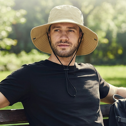 🧢 ☀️ Outdoor-Sonnenhut mit breiter Krempe & Kinnriemen – Leicht, schützend & perfekt für Strand und Wandern 🏖️ 🥾