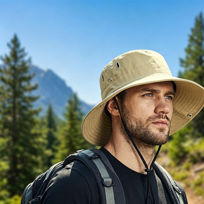 🧢 ☀️ Outdoor-Sonnenhut mit breiter Krempe & Kinnriemen – Leicht, schützend & perfekt für Strand und Wandern 🏖️ 🥾