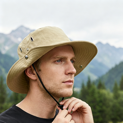 🧢 ☀️ Outdoor-Sonnenhut mit breiter Krempe & Kinnriemen – Leicht, schützend & perfekt für Strand und Wandern 🏖️ 🥾