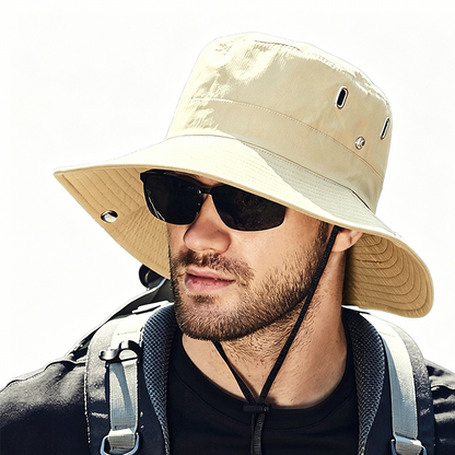 🧢 ☀️ Outdoor-Sonnenhut mit breiter Krempe & Kinnriemen – Leicht, schützend & perfekt für Strand und Wandern 🏖️ 🥾