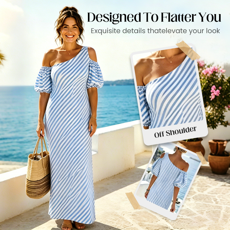 👗 NUR FÜR BEGRENZTE ZEIT: 50 % RABATT! ✨ Gestreiftes Off-Shoulder-Kleid für Damen – elegant, fließend, sommerlich-schick 🌊