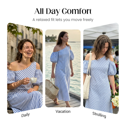 👗 NUR FÜR BEGRENZTE ZEIT: 50 % RABATT! ✨ Gestreiftes Off-Shoulder-Kleid für Damen – elegant, fließend, sommerlich-schick 🌊