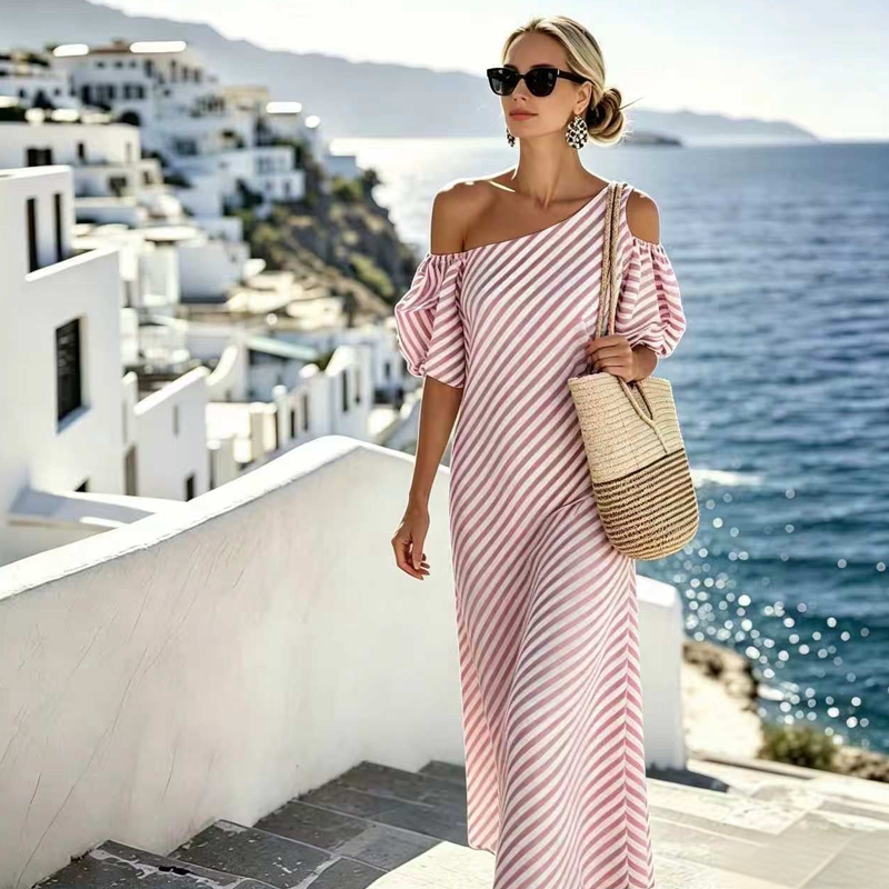 👗 NUR FÜR BEGRENZTE ZEIT: 50 % RABATT! ✨ Gestreiftes Off-Shoulder-Kleid für Damen – elegant, fließend, sommerlich-schick 🌊