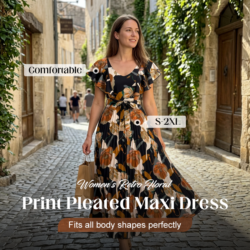 👗 🌸 Damens Retro Maxikleid mit Blumenprint & Plisseefalten – Eleganter Stil, weicher Fall & perfekt für besondere Anlässe ✨