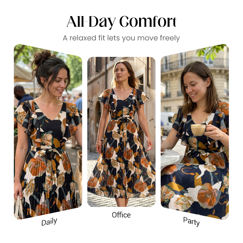 👗 🌸 Damens Retro Maxikleid mit Blumenprint & Plisseefalten – Eleganter Stil, weicher Fall & perfekt für besondere Anlässe ✨