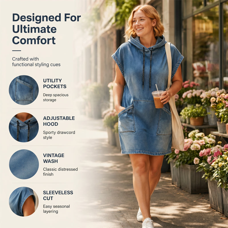 Lässiges ärmelloses Jeans-Hoodie-Kleid für Damen