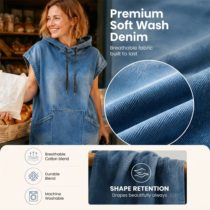 Lässiges ärmelloses Jeans-Hoodie-Kleid für Damen