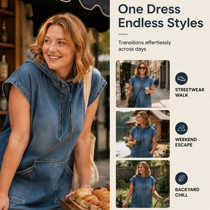 Lässiges ärmelloses Jeans-Hoodie-Kleid für Damen