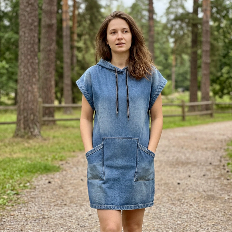 Lässiges ärmelloses Jeans-Hoodie-Kleid für Damen