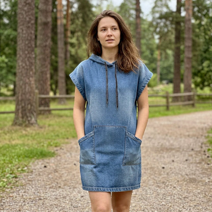 Lässiges ärmelloses Jeans-Hoodie-Kleid für Damen