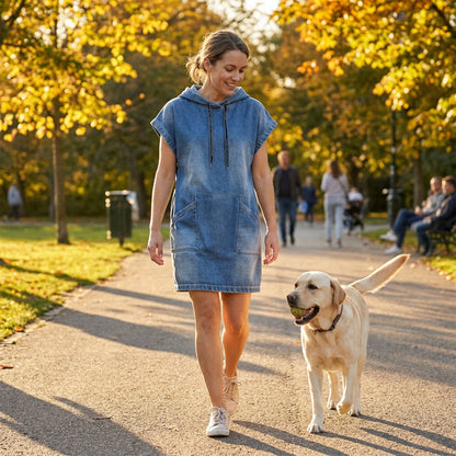 Lässiges ärmelloses Jeans-Hoodie-Kleid für Damen