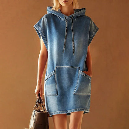 Lässiges ärmelloses Jeans-Hoodie-Kleid für Damen