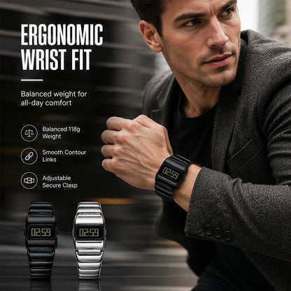 ⌚💎 Montre digitale de luxe pour homme – Métal poli effet miroir, affichage clair, le style bureau et soirée en un seul garde-temps, noir / argent-noir 🕶️🌃