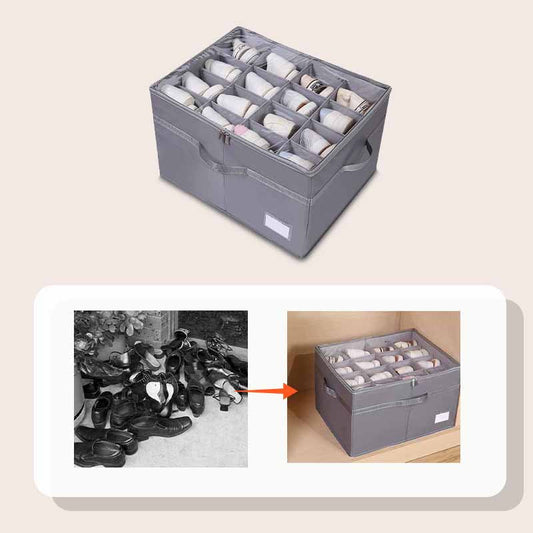 Organizzatore per scarpe con divisori regolabili e coperchio trasparente.